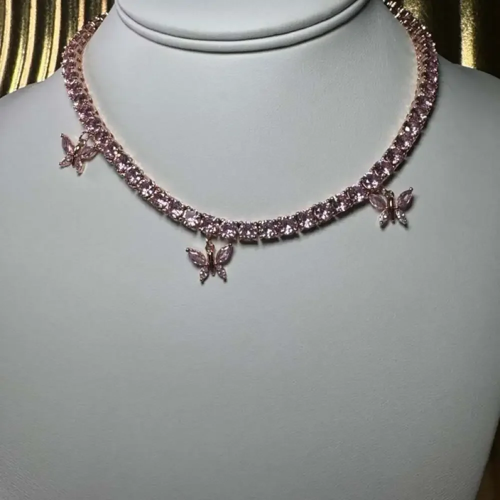 Pink Tennis Necklace With Butterfly